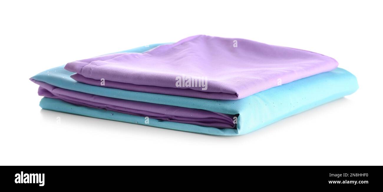 Stack of clean bed sheets isolated on white Stock Photo Alamy