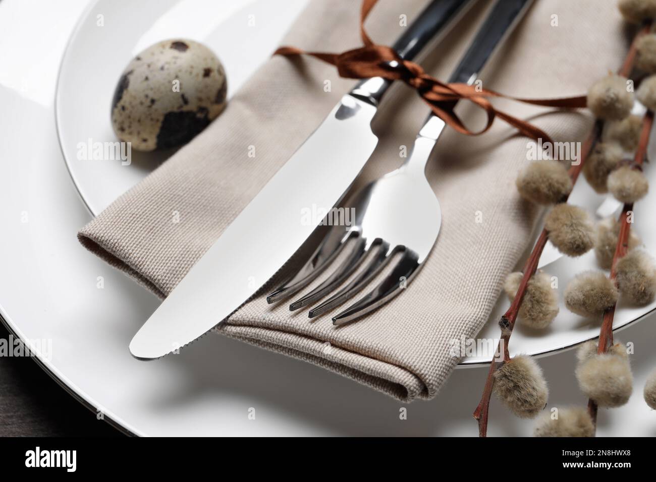 Festive Easter place setting with egg on table, closeup Stock Photo