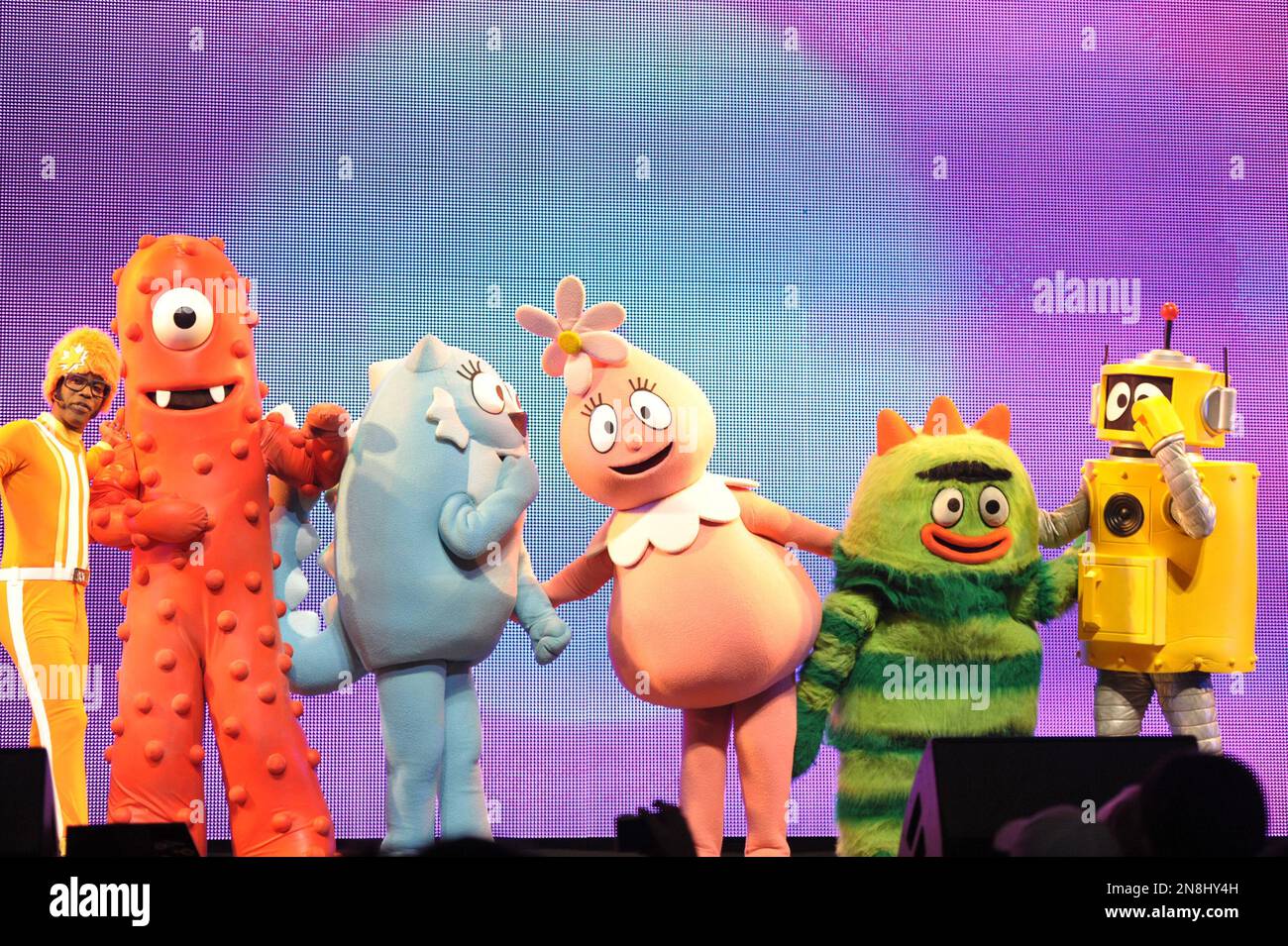 From left, DJ Lance Rock, Muno, Toodee, Foofa, Brobee and Plex perform  onstage at Yo Gabba Gabba! Live!: Get The Sillies Out! 50+ city tour  kick-off performance on Thanksgiving weekend at Nokia