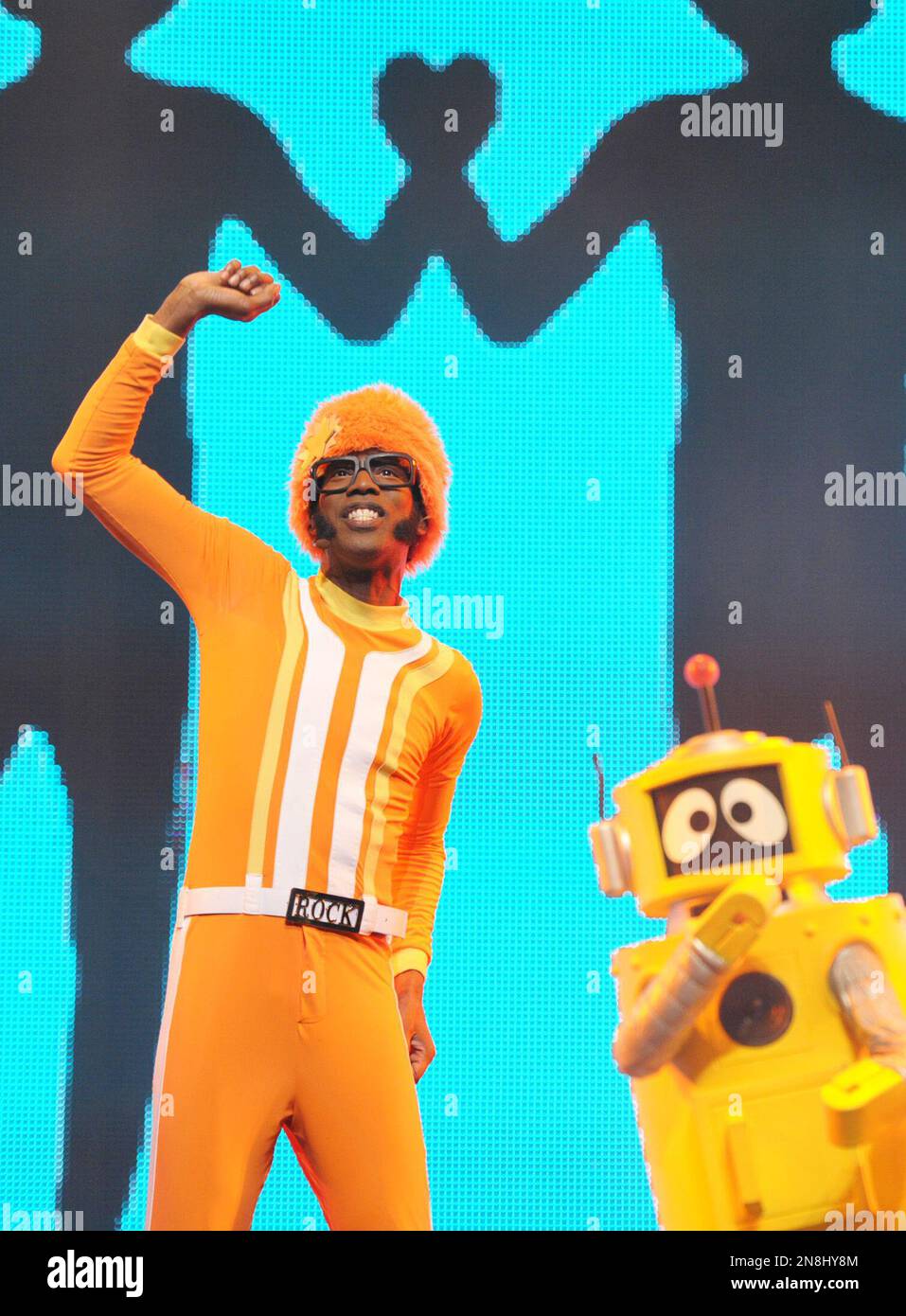 DJ Lance Rock, left, and Plex perform onstage at Yo Gabba Gabba! Live!: Get  The Sillies Out! 50+ city tour kick-off performance on Thanksgiving weekend  at Nokia Theatre L.A. Live on Friday