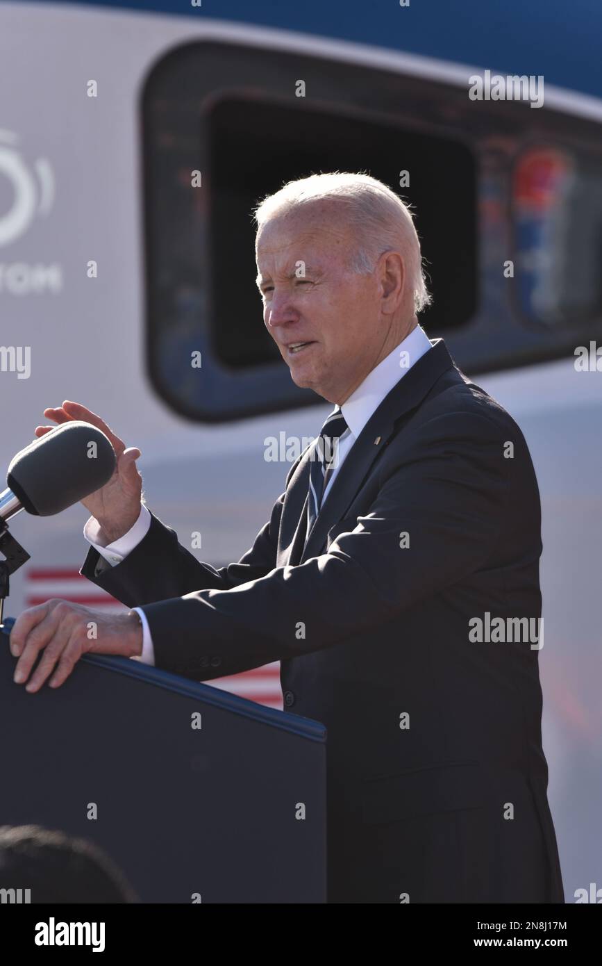 Baltimore, United States of America. 30 January, 2023. U.S President Joe Biden delivers remarks during an event announcing the replacement of the 150-year-old Baltimore and Potomac Tunnel at the Falls Road Amtrak maintenance building, January 30, 2023 in Baltimore, Maryland.  Credit: Patrick Siebert/MDGovpics/Alamy Live News Stock Photo