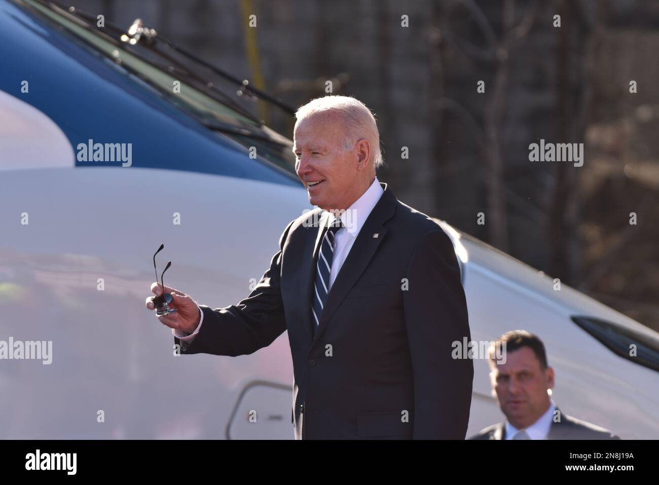 Baltimore, United States of America. 30 January, 2023. U.S President Joe Biden arrives to deliver remarks during an event announcing the replacement of the 150-year-old Baltimore and Potomac Tunnel at the Falls Road Amtrak maintenance building, January 30, 2023 in Baltimore, Maryland.  Credit: Patrick Siebert/MDGovpics/Alamy Live News Stock Photo