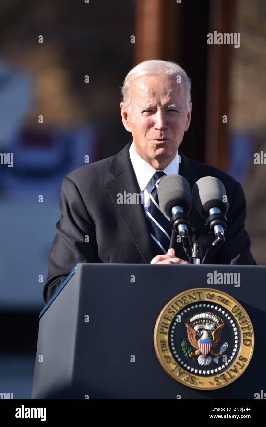Baltimore, United States of America. 30 January, 2023. U.S President Joe Biden delivers remarks during an event announcing the replacement of the 150-year-old Baltimore and Potomac Tunnel at the Falls Road Amtrak maintenance building, January 30, 2023 in Baltimore, Maryland.  Credit: Patrick Siebert/MDGovpics/Alamy Live News Stock Photo