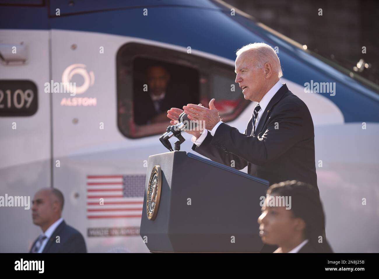 Baltimore, United States of America. 30 January, 2023. U.S President Joe Biden delivers remarks during an event announcing the replacement of the 150-year-old Baltimore and Potomac Tunnel at the Falls Road Amtrak maintenance building, January 30, 2023 in Baltimore, Maryland.  Credit: Patrick Siebert/MDGovpics/Alamy Live News Stock Photo