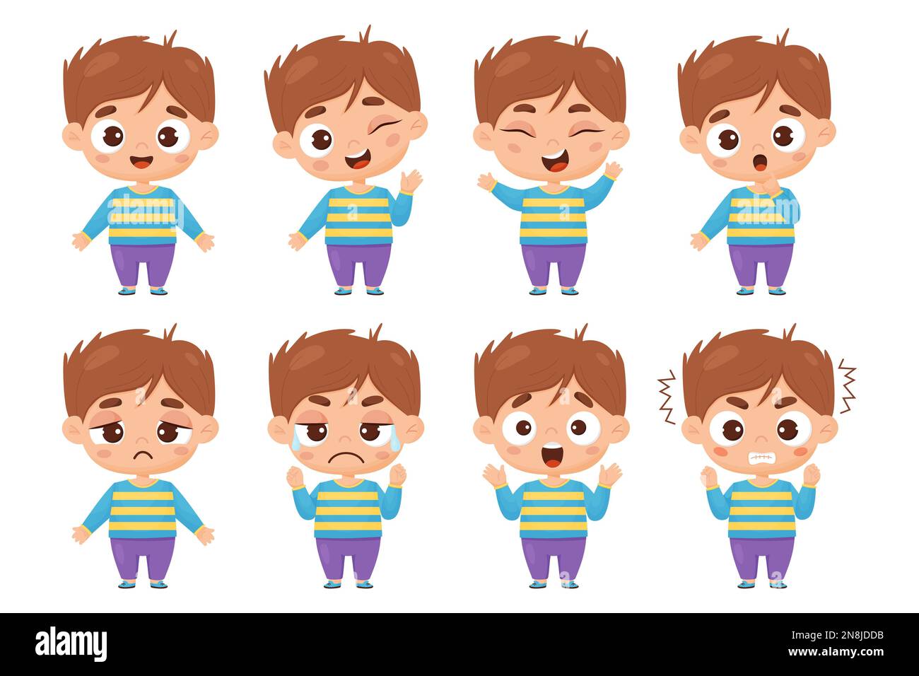 kids collection of emotions. Cute boy in full growth with different facial expressions and feelings - happiness, crying, anger, smile, delight, wonder Stock Vector