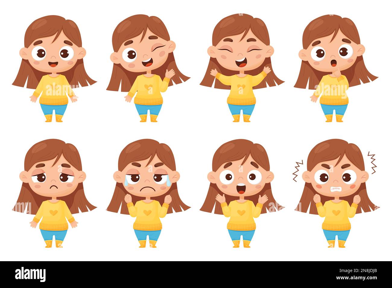 kids collection of emotions. Cute girl in full growth with different facial expressions and feelings - happiness, crying, anger, smile, delight Stock Vector