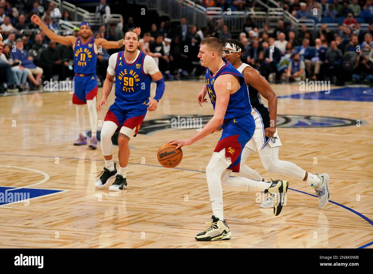 Orlando, United States. 09th Feb, 2023. Orlando, USA, February, 9th 2023: Nikola Jokic (Denver) controls the ball during the NBA basketball match between Orlando Magic and Denver Nuggets at Amway Center in Orlando, Florida, United States. (No commercial usage) (Daniela Porcelli/SPP) Credit: SPP Sport Press Photo. /Alamy Live News Stock Photo