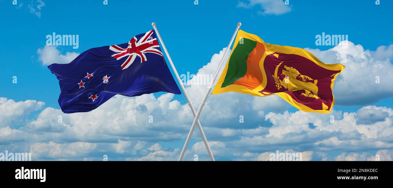 two crossed flags Sri Lanka and New Zeeland waving in wind at cloudy ...