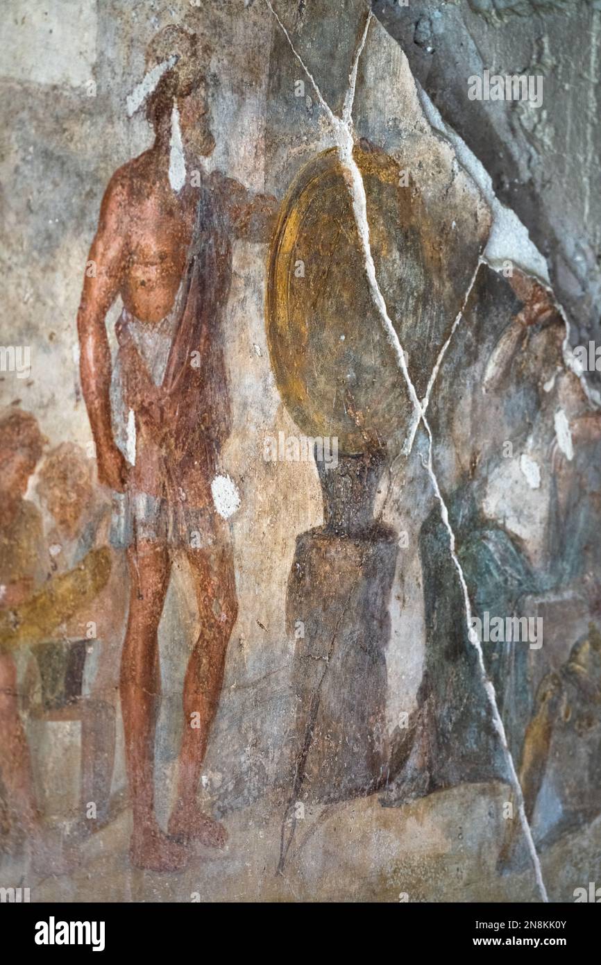 Well preserved frescoes in the Casa Degli Amorini in the ruins of Pompeii Stock Photo