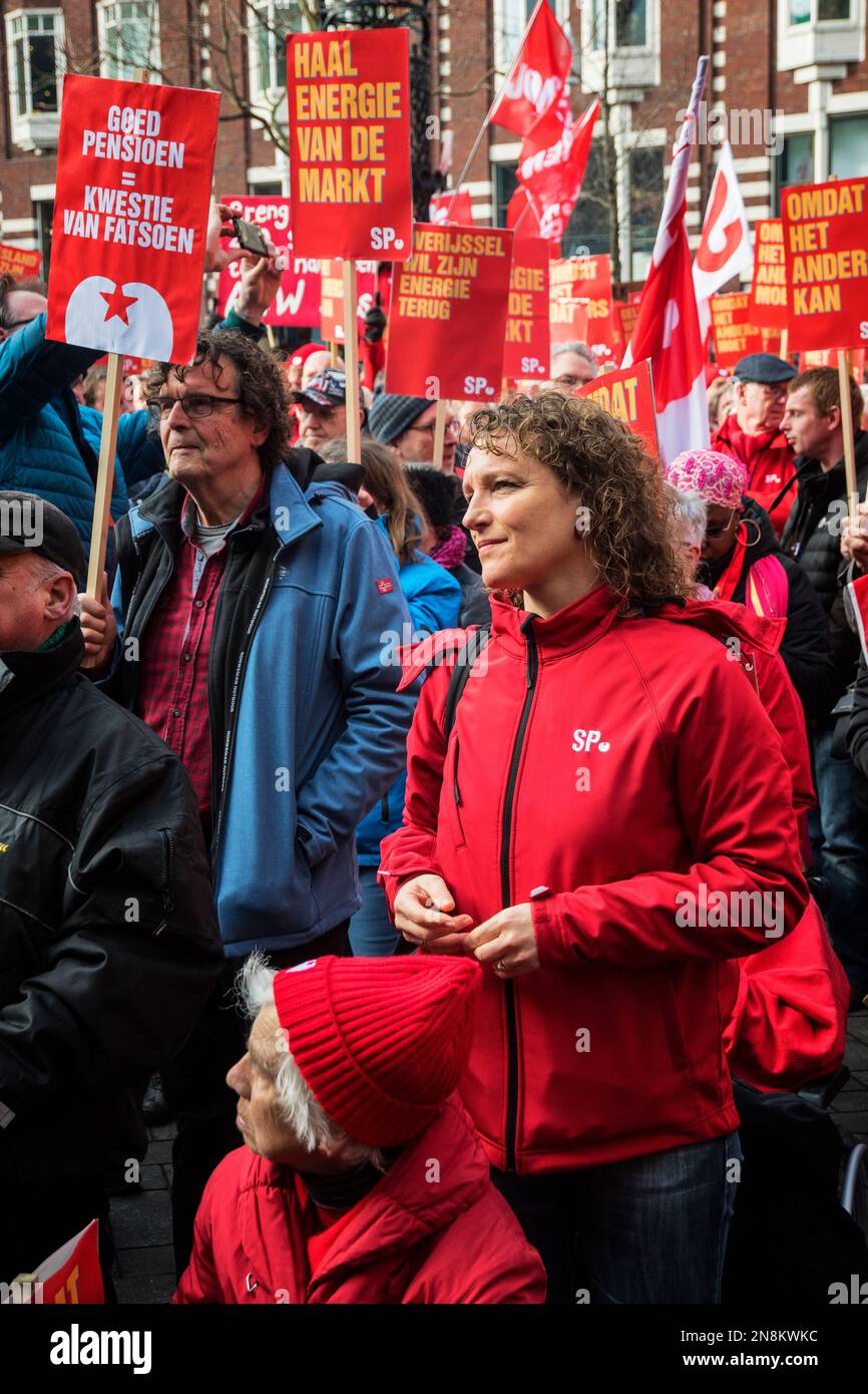 02-11-2023.Amsterdam The Netherlands. Dutch socialist party SP protested against high energy prices.They want nationalization of energy companies and take them out of the stock markets.They also oppose a change in the Dutch pension system Stock Photo