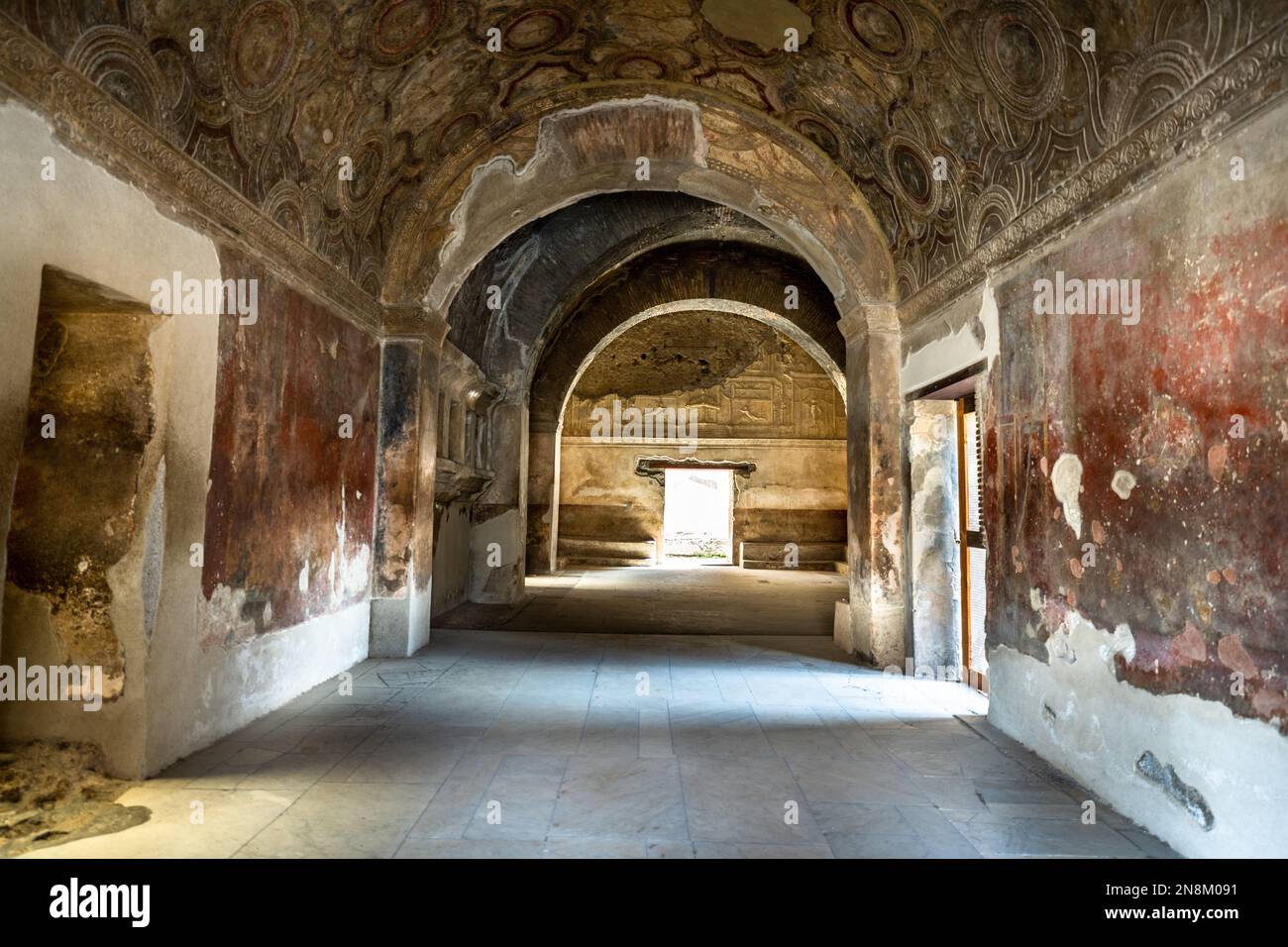 THe interior of the ruins of Terme Stabiane IStabian Baths) in the ancient and doomed Roman city of Pompeii Stock Photo