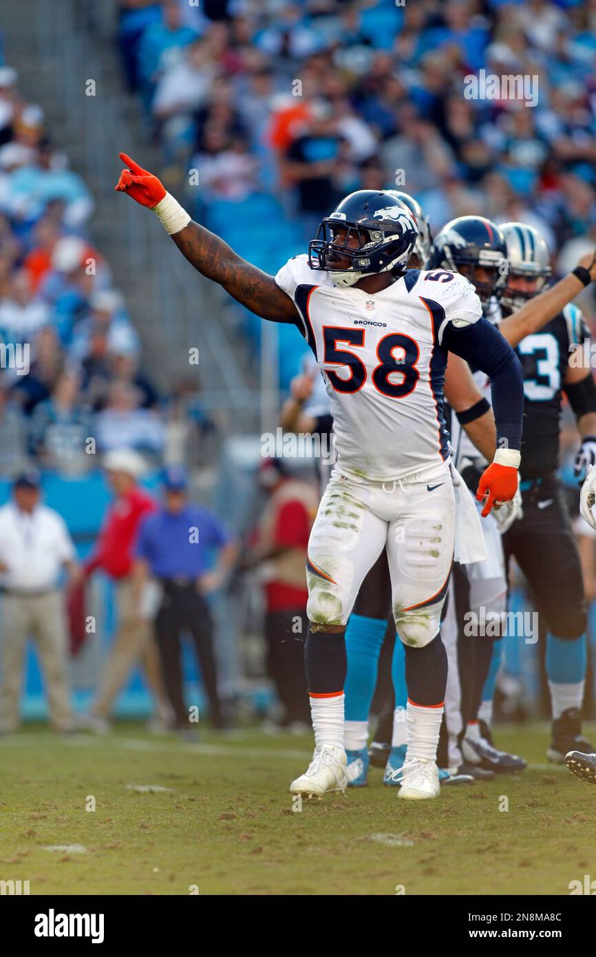 Von Miller of the Denver Broncos reacts to the crowd in the second half  against the New York Jets of an NFL football game Sunday, Sept. 26, 2021,  in Denver. (AP Photo/Bart