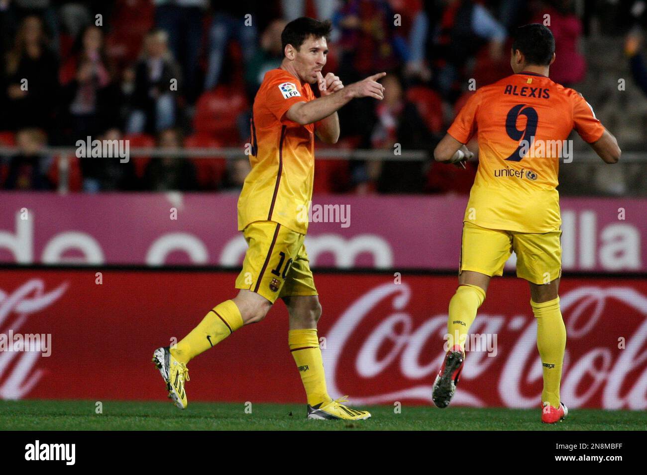 FC Barcelona's Lionel Messi from Argentina celebrates after scoring