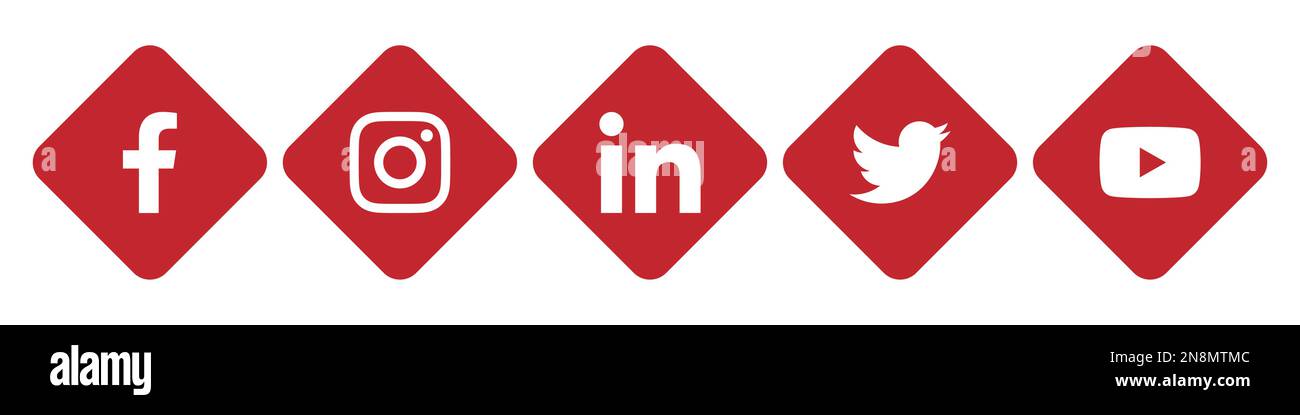 Facebook, Youtube, Twitter, Instagram and LinkedIn social media app icon in red rhombus shape. Simple flat vector illustration. Stock Vector