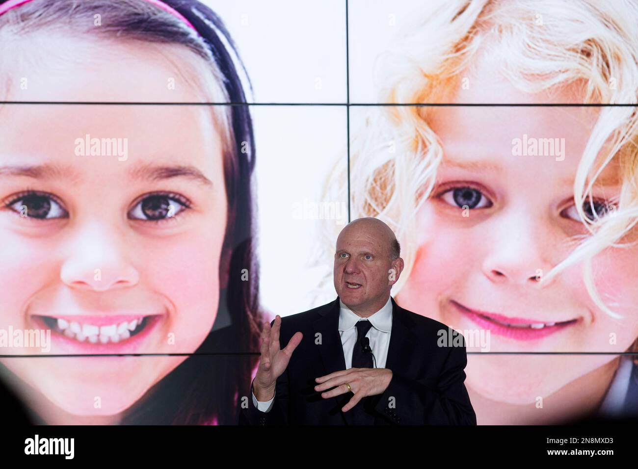 Microsoft CEO Steve Ballmer delivers a speech during the launch of the German kindergarten education software Schlaumaeuse (clever mice) for the new Windows 8 operating system in Berlin, Thursday, Nov. 8, 2012. (AP Photo/Markus Schreiber) Stock Photo