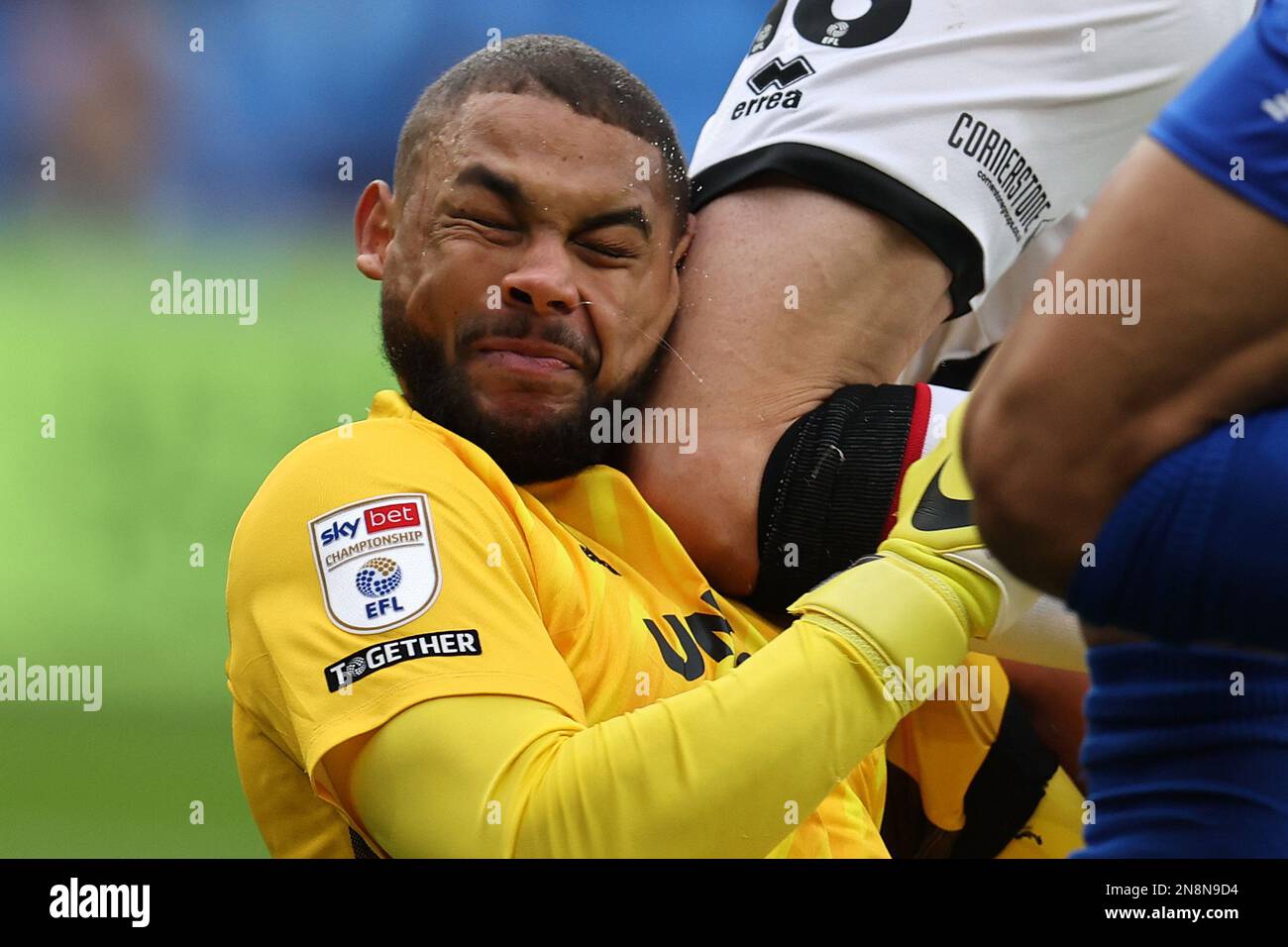Cardiff, UK. 11th Feb, 2023. Zack Steffen, the goalkeeper of Middlesbrough gets an accidental knee in the face by teammate Jonny Howson of Middlesbrough. EFL Skybet championship match, Cardiff city v Middlesbrough at the Cardiff City Stadium in Cardiff, Wales on Saturday 11th February 2023. this image may only be used for Editorial purposes. Editorial use only, pic by Andrew Orchard/Andrew Orchard sports photography/Alamy Live news Credit: Andrew Orchard sports photography/Alamy Live News Stock Photo