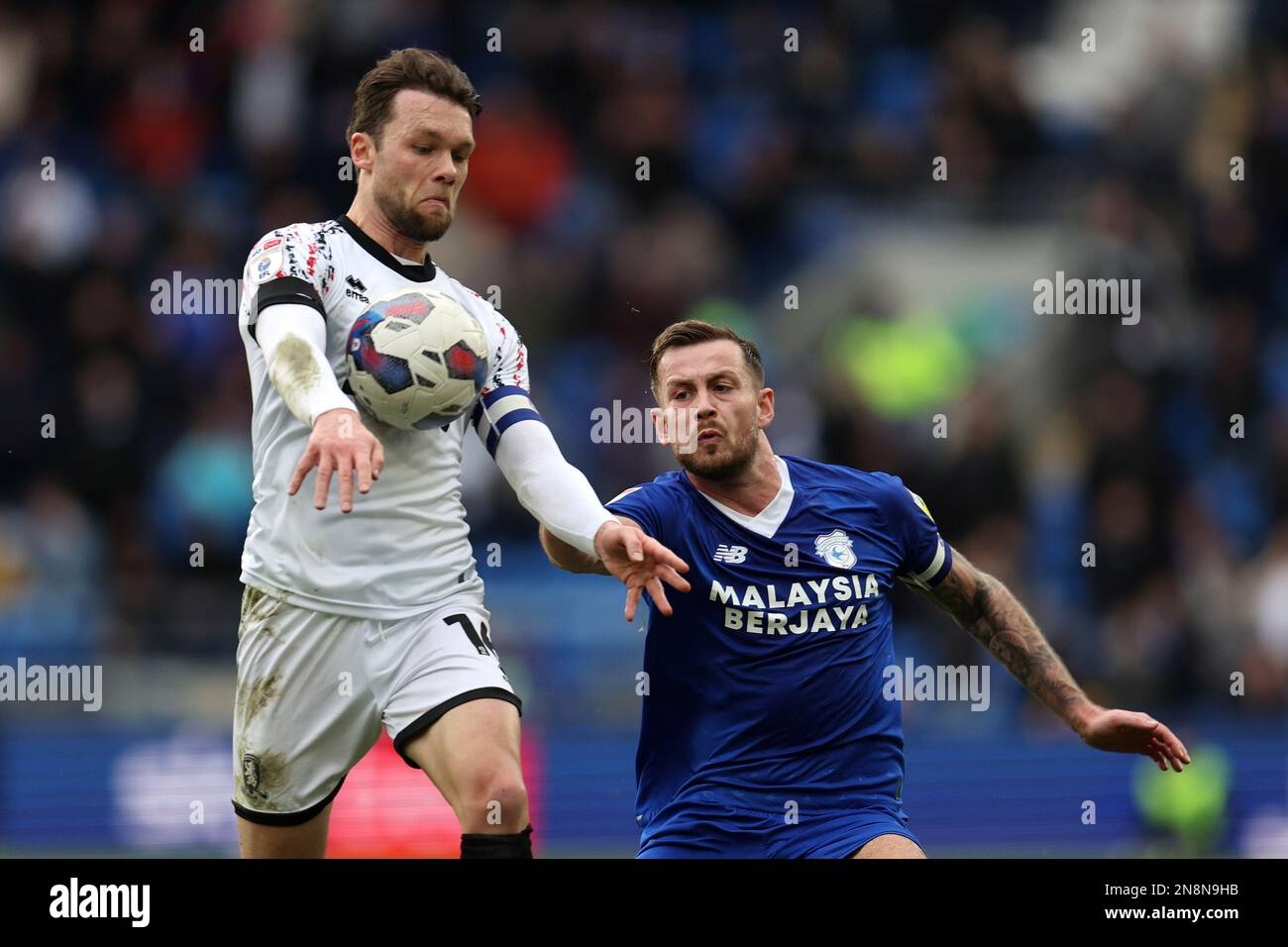 Cardiff, UK. 11th Feb, 2023. Jonny Howson of Middlesbrough (l) and Joe Ralls of Cardiff City (r) in action. EFL Skybet championship match, Cardiff city v Middlesbrough at the Cardiff City Stadium in Cardiff, Wales on Saturday 11th February 2023. this image may only be used for Editorial purposes. Editorial use only, pic by Andrew Orchard/Andrew Orchard sports photography/Alamy Live news Credit: Andrew Orchard sports photography/Alamy Live News Stock Photo