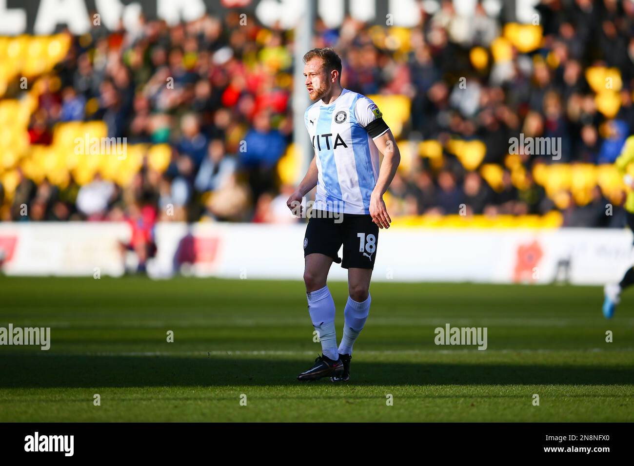 The EnviroVent Stadium, Harrogate, England 11th February 2023 Ryan Croasdale (18) of Stockport