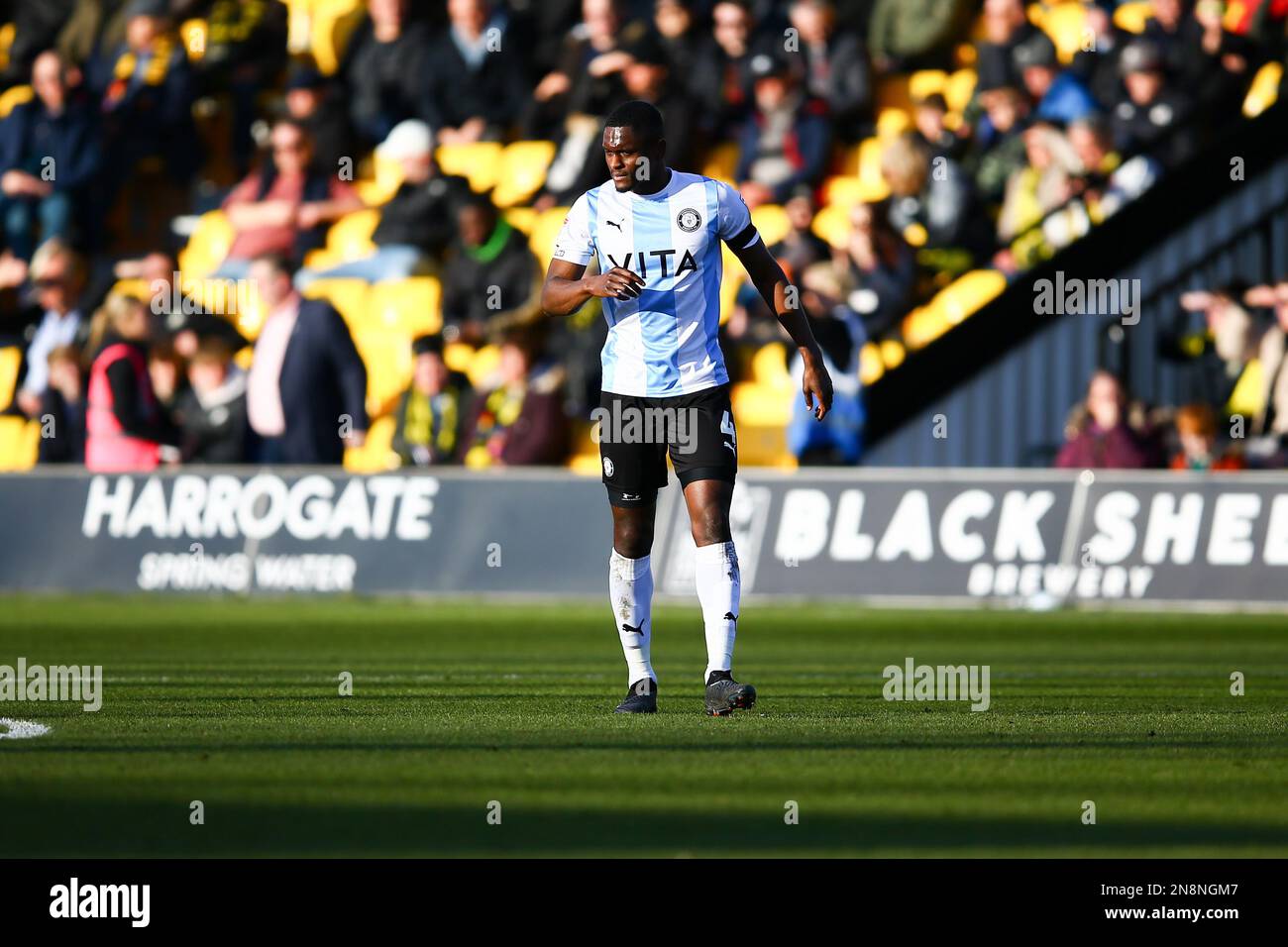 The EnviroVent Stadium, Harrogate, England 11th February 2023 Akil Wright (4) of Stockport