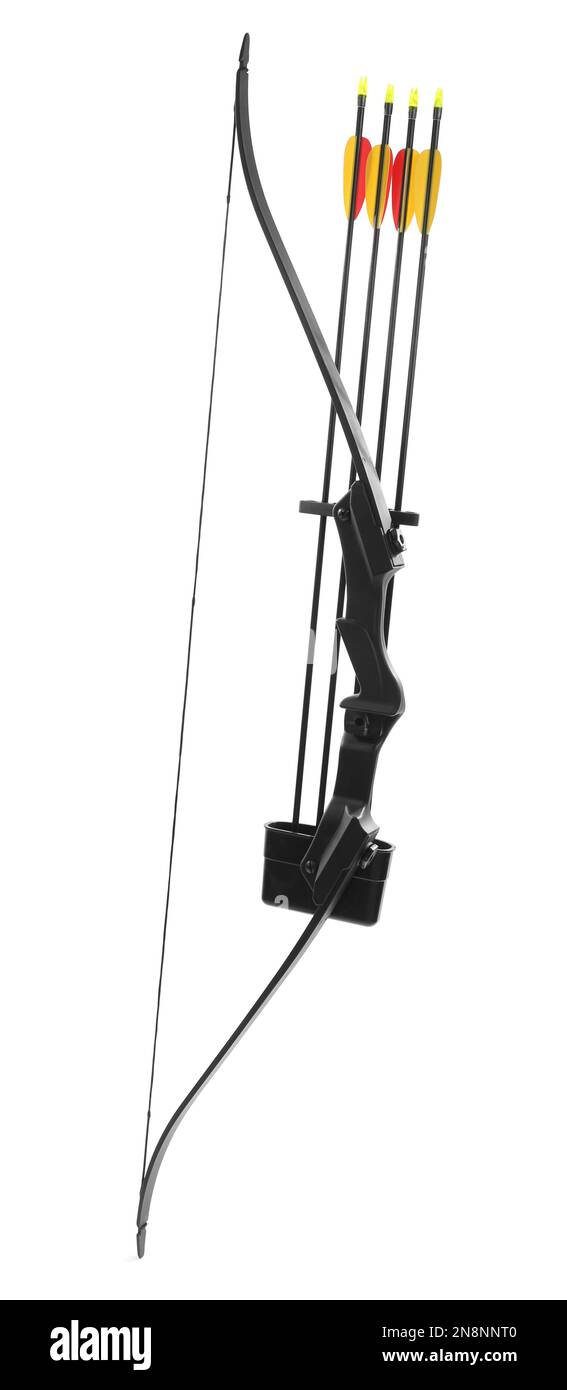 Black bow and plastic arrows on white background. Archery sports equipment  Stock Photo - Alamy, image size:567x1390