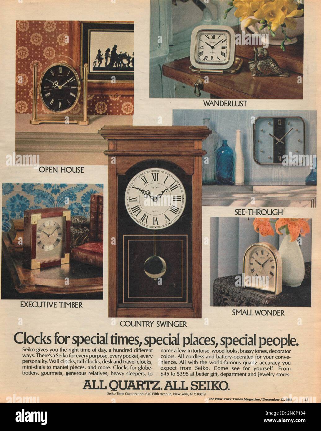 Seiko clocks Seiko all quartz magazine advertisement 1981, paper advert The New York Times