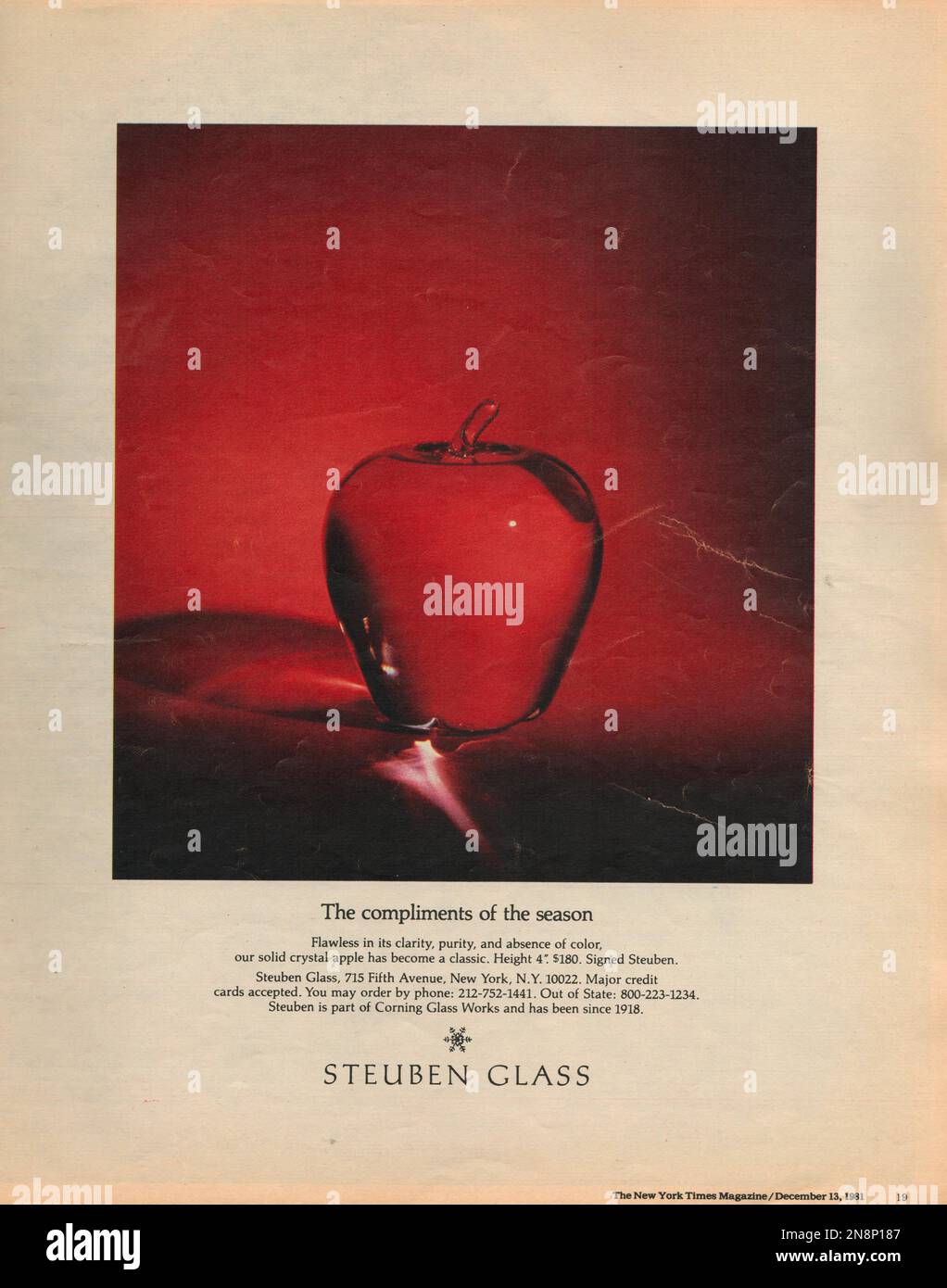 Steuben Glass advertisement magazine advertisement 1981, paper advert The New York Times magazine Stock Photo