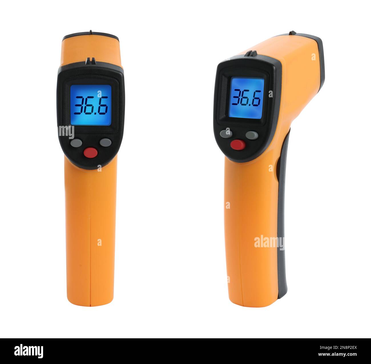 Infrared thermometers on white background, collage. Checking