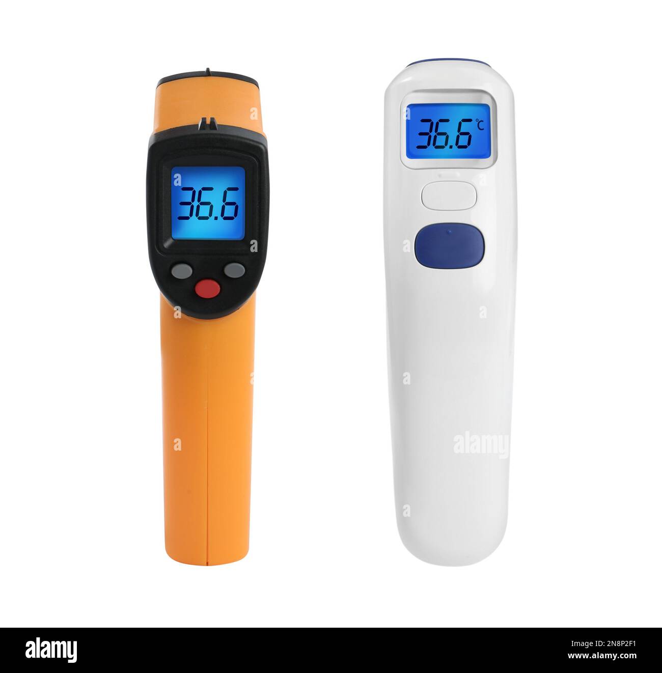 Infrared thermometers on white background, collage. Checking