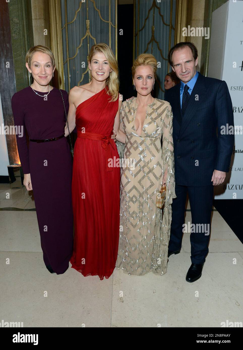 From left, Justine Picardie, Rosamund Pike, Gillian Anderson and Ralph  Fiennes are seen at the Harper's Bazaar Woman of the Year Awards 2012 in  association with Estée Lauder, Harrods and Tiffany 