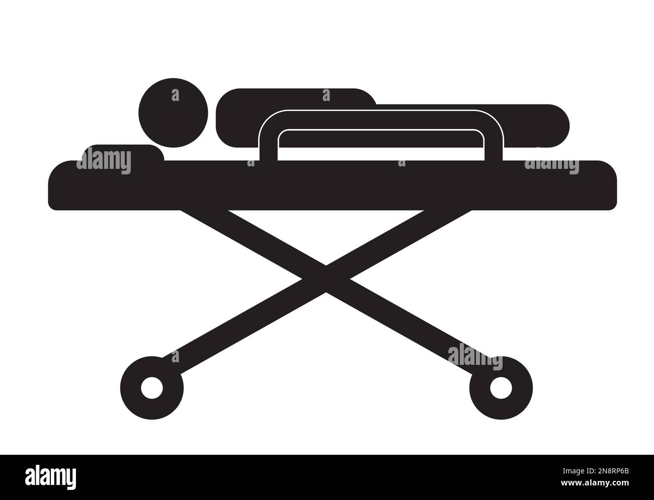Patient lying on medical roller bed icon on white background. Patient