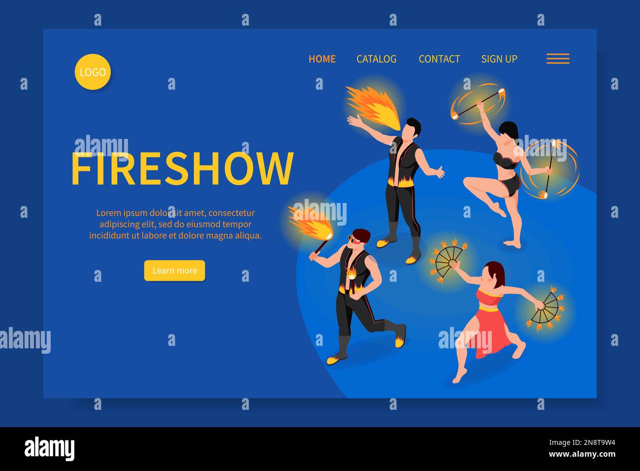 Fireshow people isometric web site with fire dance symbols vector