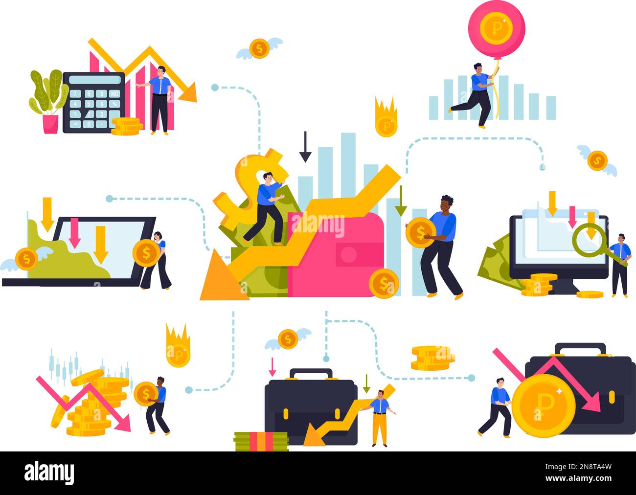 Economy crisis composition in flat style with financial diagrams sad characters and money symbols vector illustration Stock Vector