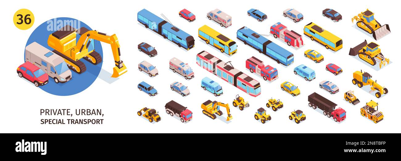 Isometric transport set with isolated icons of cars vans trucks and buses with trams abd bulldozers vector illustration Stock Vector