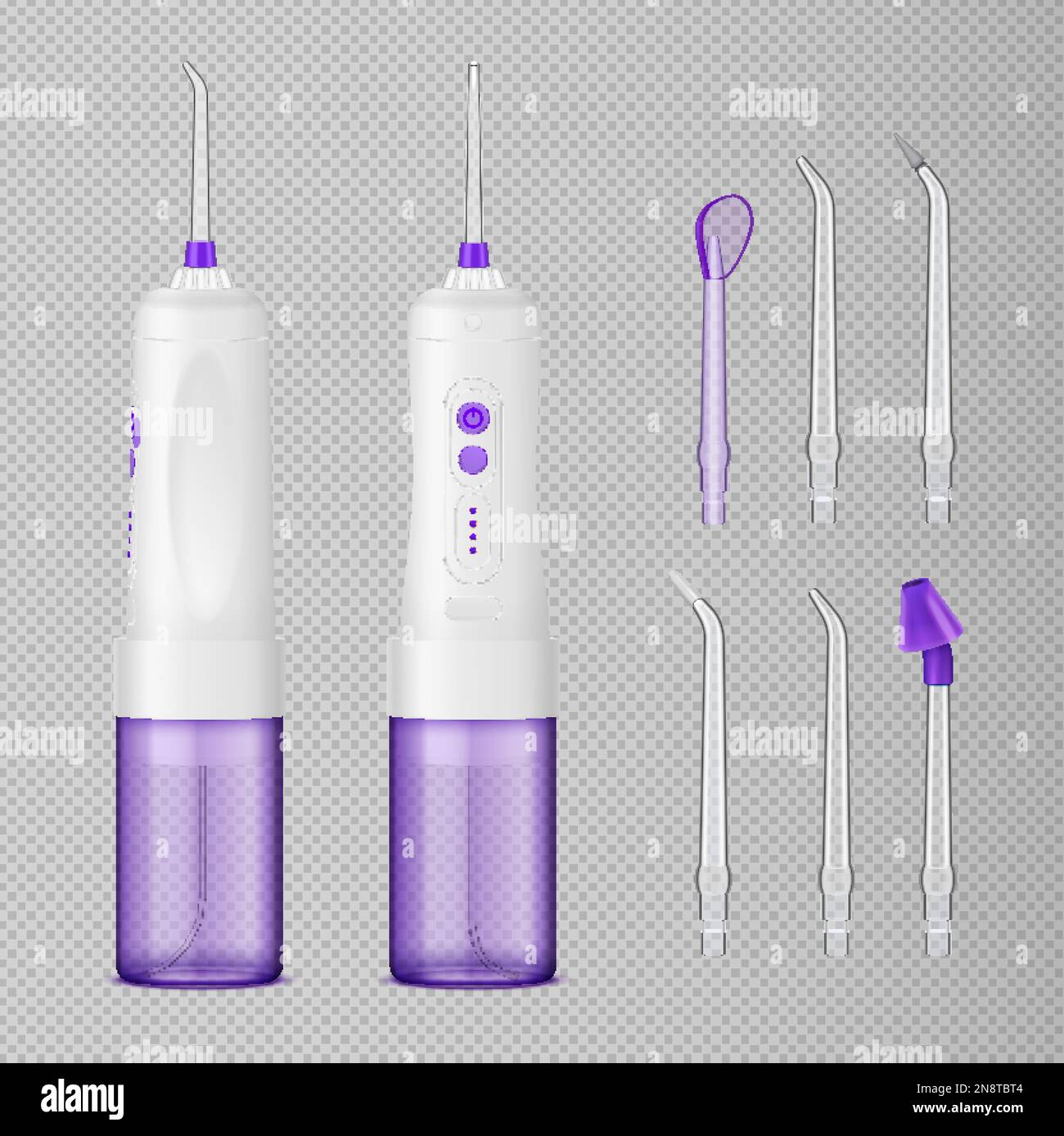 Water flosser teeth care realistic set with dental irrigator and various attachments isolated on