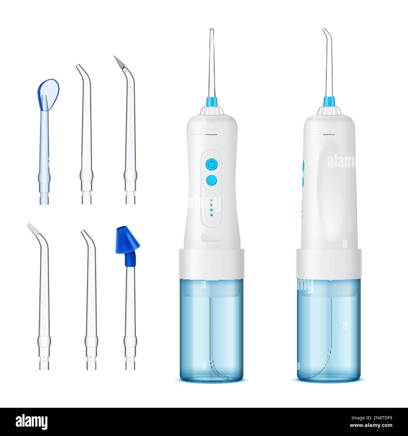 Water flosser dental irrigator front and side view with attachments realistic set isolated