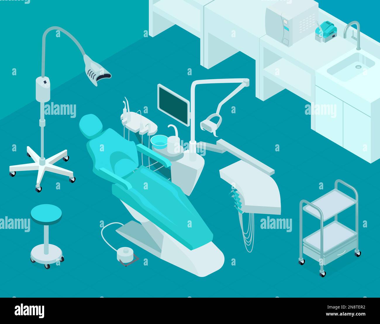 Isometric interior of dental clinic office with chair unit sink