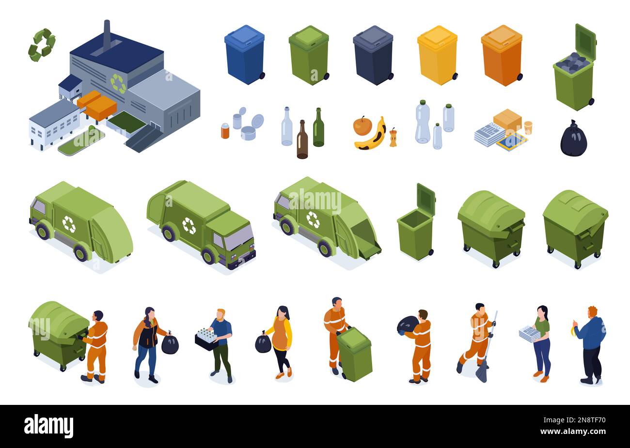 Isometric recycling set with isolated bins separated rubbish dump