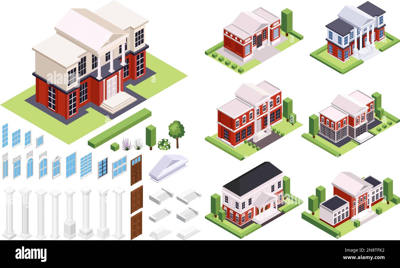 Classic architecture isometric set of isolated houses with neighborhoods and constructor elements columns doors and windows vector illustration Stock Vector