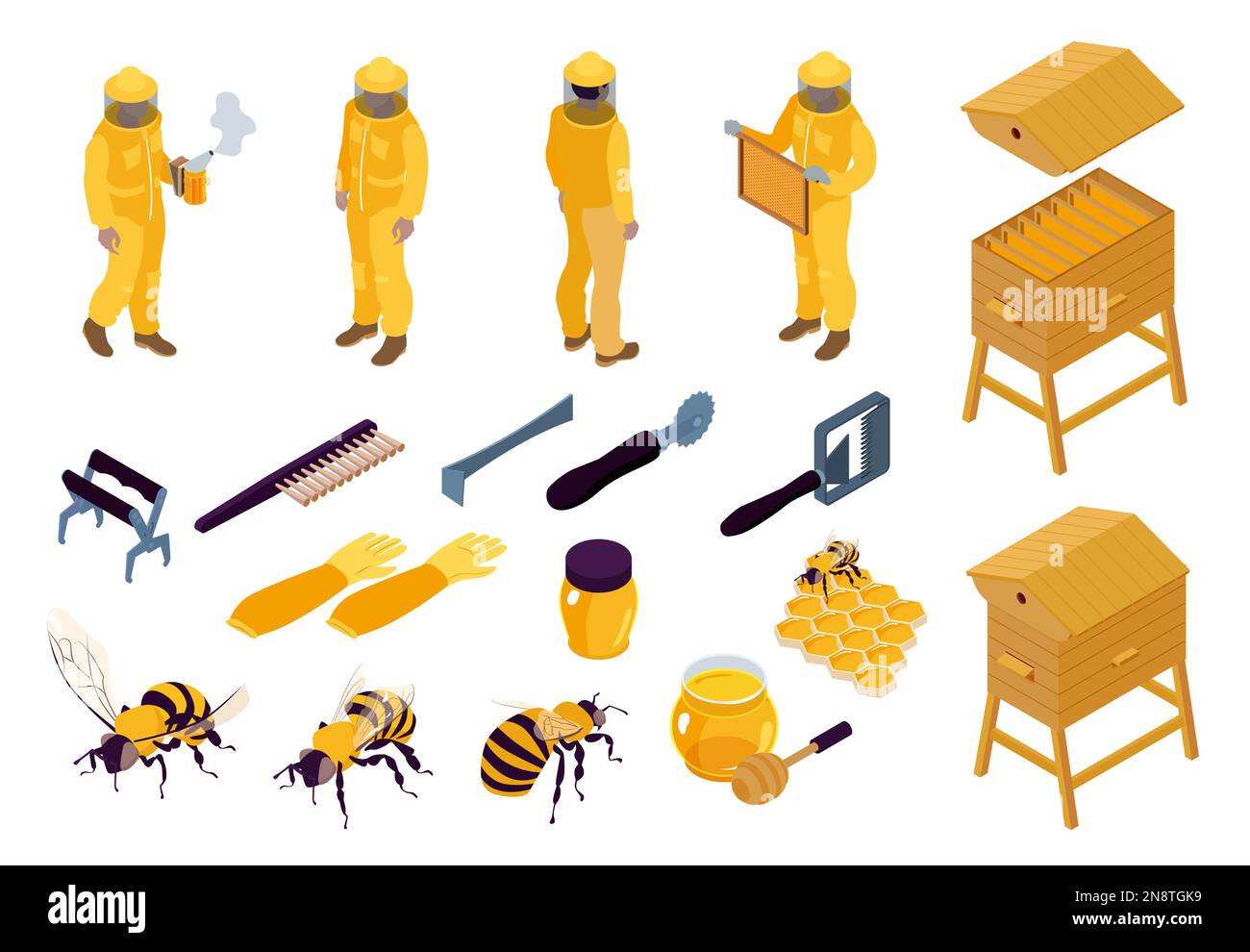 Apiary isometric color set with beekeepers bees and various equipment