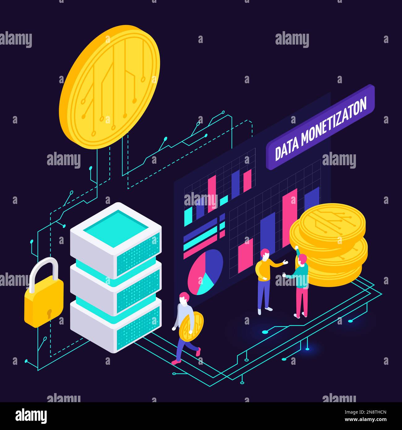 Data economy isometric composition with human characters icons of servers with connections to stack of coins vector illustration Stock Vector