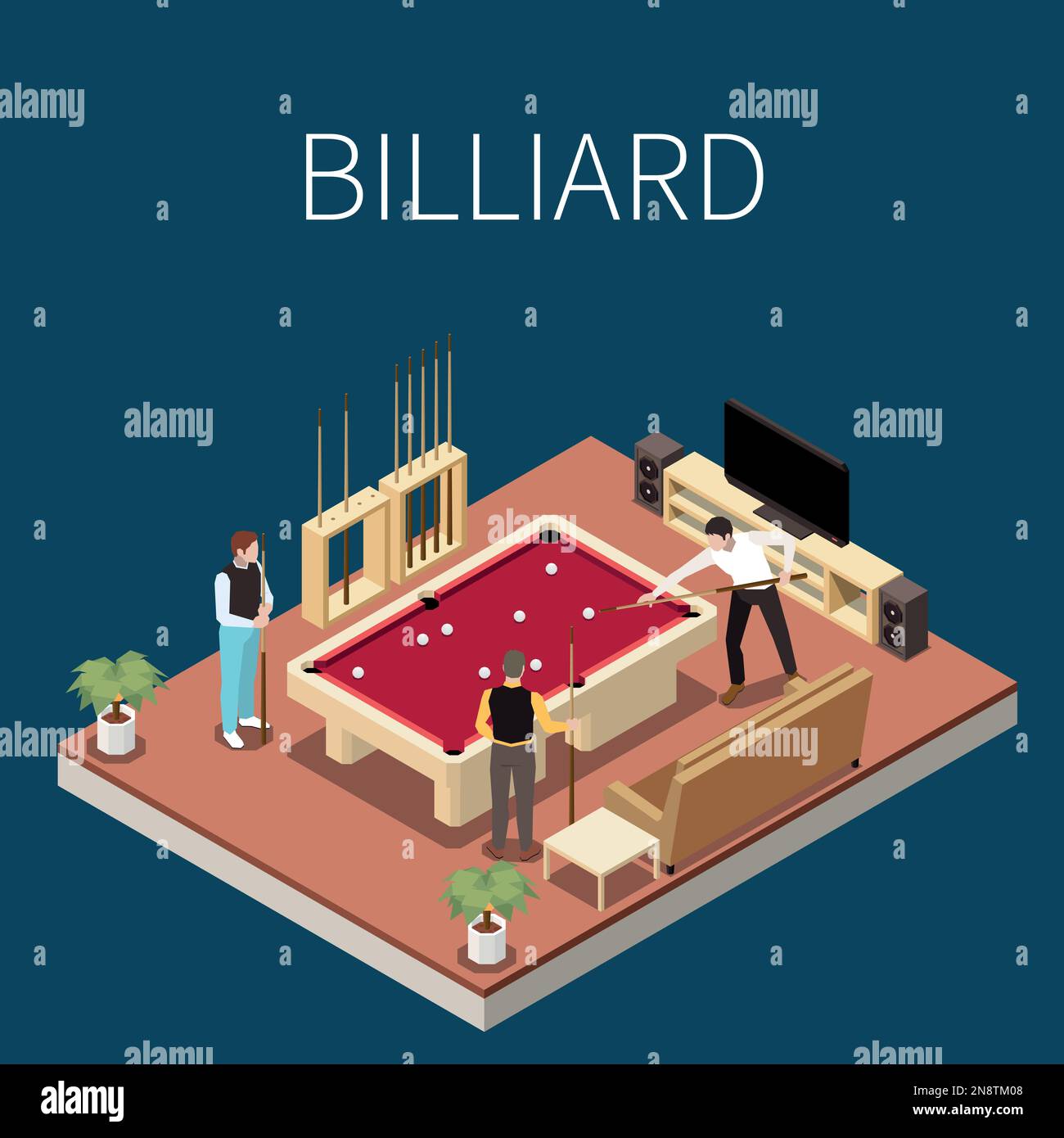 Indoor and table games isometric concept with men playing billiard