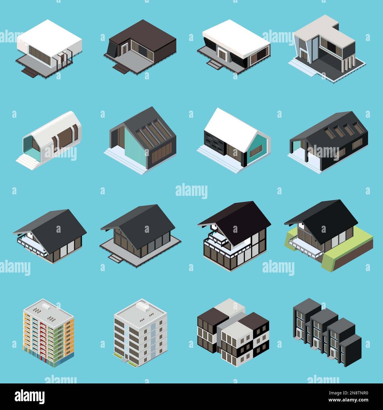 Modular frame building isometric icons set with mobile house