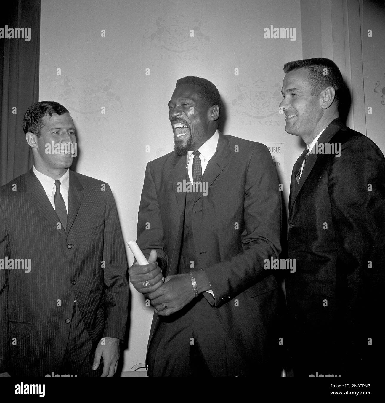 Boston Celtic coach Bill Russell with Art Heyman, left, and