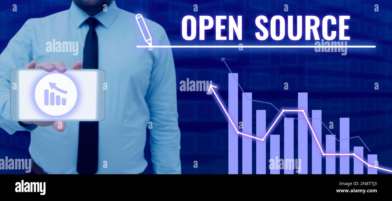 Writing displaying text Open Source. Business concept denoting software which original source code freely available Stock Photo
