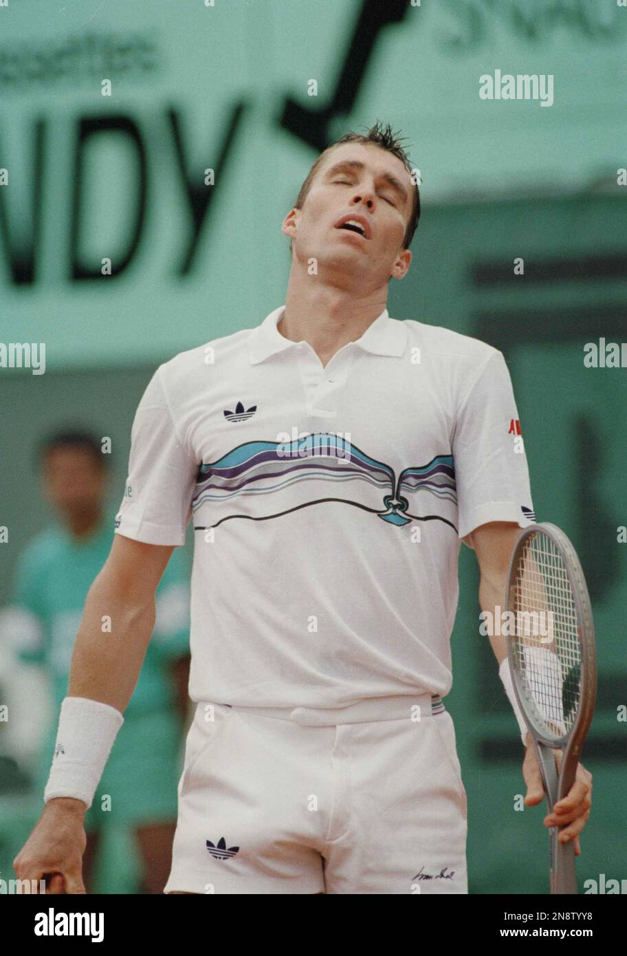 Top-ranked Czech Ivan Lendl looks at the sky with his arms dangling during  his men's singles quarterfinals match against Sweden's Jonas Svensson in  the French Open tennis tournament at Paris's Roland Garros