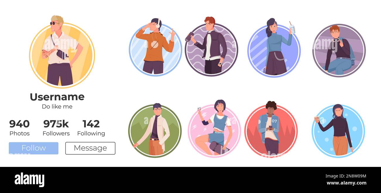 People lifestyle flat set of social media avatars with young stylish ...