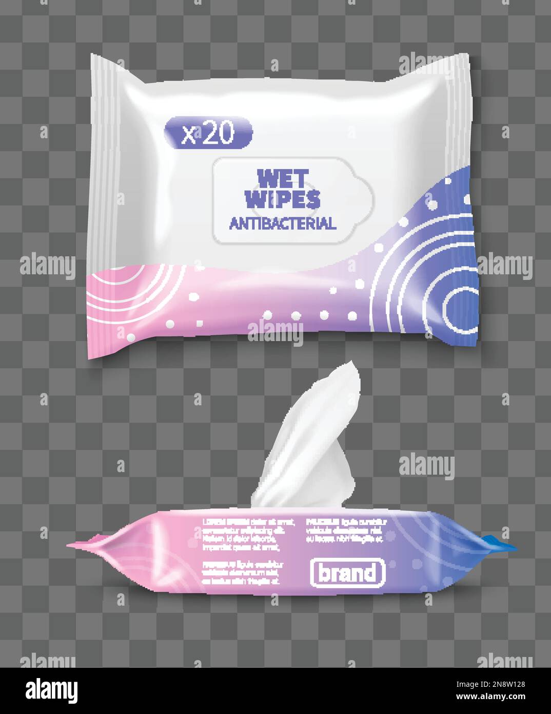 Wet wipe tissues realistic packaging mockup set with branding template