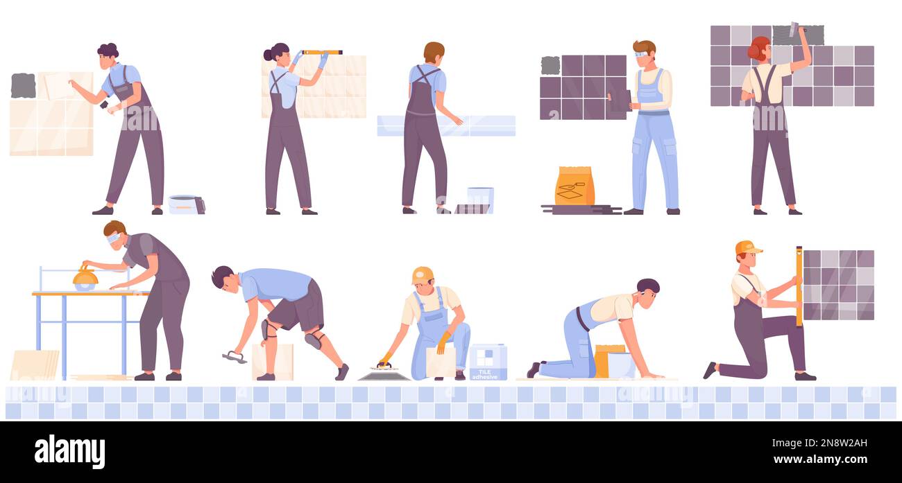 Male and female workers doing tiling work laying ceramic tiles flat set isolated vector
