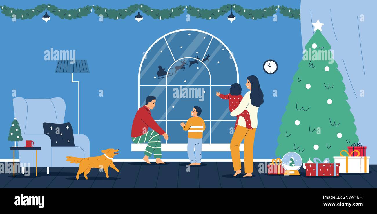 Christmas holiday flat background with family in home interior ...