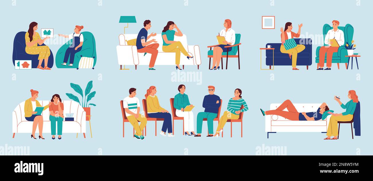Psychologist flat color set of doctors providing psychological care to ...